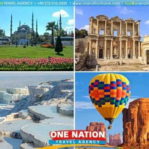 Panoramic view of iconic landmarks from the 10 Days Istanbul, Ephesus, Pamukkale, Antalya, and Cappadocia Tour, showcasing the Hagia Sophia in Istanbul, ancient ruins in Ephesus, the white terraces of Pamukkale, the stunning coastline of Antalya, and the fairy chimneys of Cappadocia.