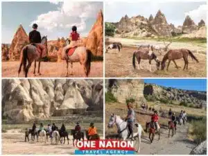 Horseback riders exploring Cappadocia's unique fairy chimneys and valleys.
