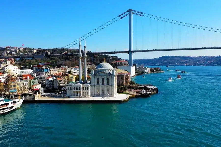 Grand Mecidiye Mosque in Ortakoy with ornate architecture and Bosphorus view.