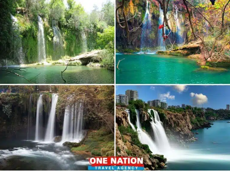 Tour group visiting three diverse waterfalls and enjoying a boat tour in Antalya, highlighted in natural settings."