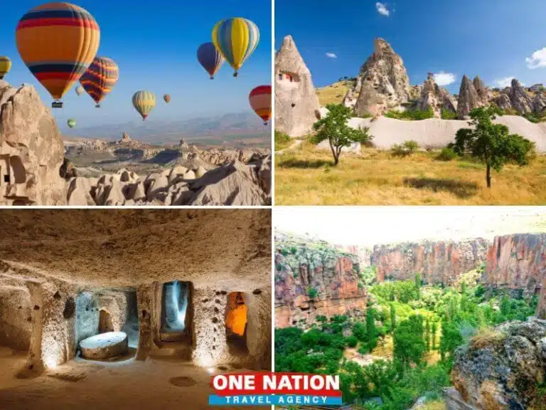 Hot air balloons over Cappadocia's unique rock formations with a sunrise backdrop on a 4-day tour from Istanbul.