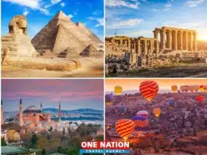 Tour package showcasing iconic landmarks in Cairo, Luxor, Istanbul, and Cappadocia, including pyramids, temples, and hot air balloons.