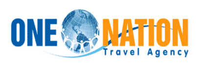 One Nation Travel logo with a blue globe, connected figures, and bold blue-orange text representing global unity in travel.